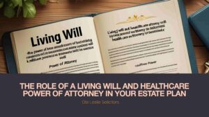 Documents for a living will and healthcare power of attorney, with a pen, representing medical and estate planning in the UK.